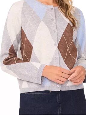 Cece Women's Argyle Cardigan crewneck Sweater size large MSRP $79